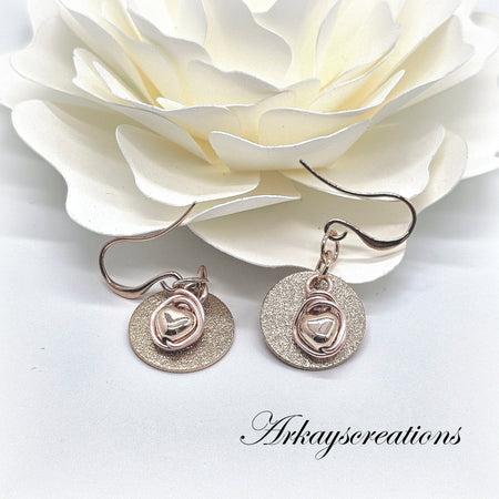 Dainty RoseGold Dangling Earrings with Wire-Wrapped Hearts