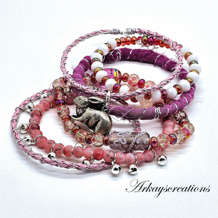 Silk & Silver Spring Bloom - Pink Boho Stack Bracelet with Removable Bunny Charm