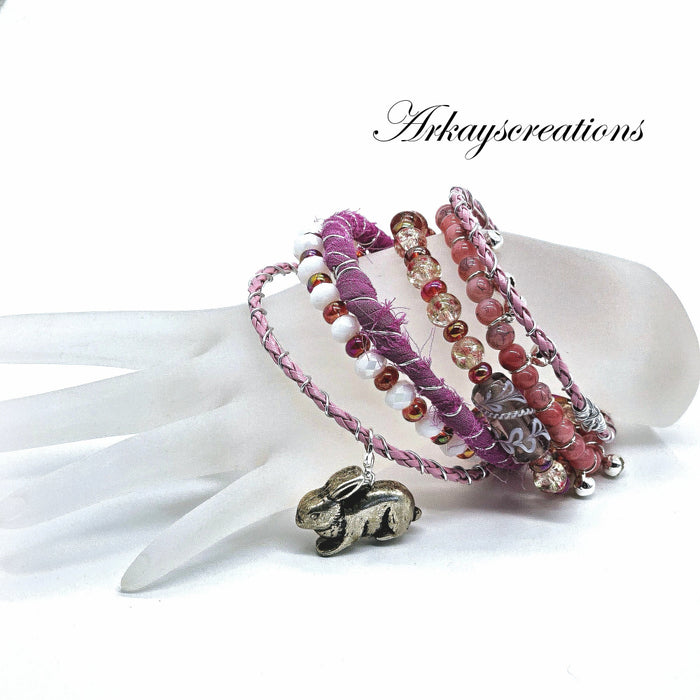 Silk & Silver Spring Bloom - Pink Boho Stack Bracelet with Removable Bunny Charm