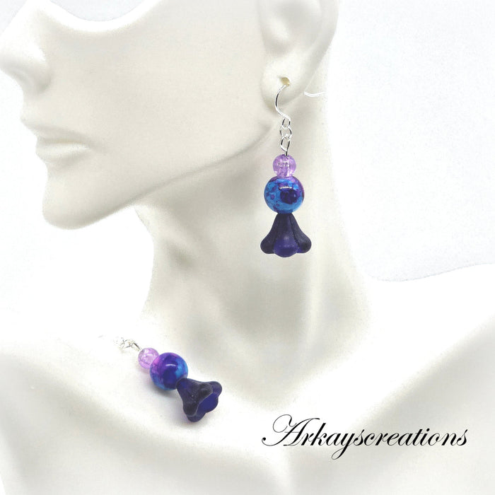 Springs First Whisper - Blue Purple Flower with Sterling Silver Ear Wires