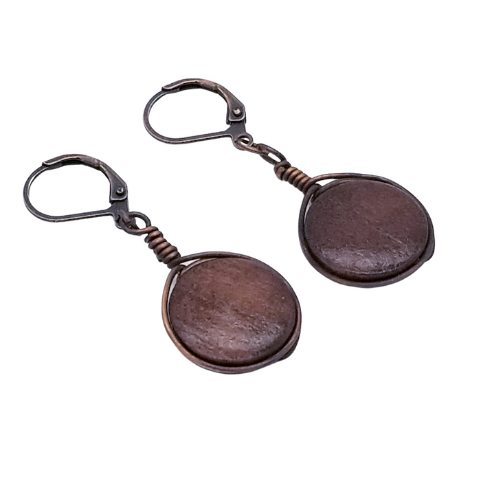 Wood Disc Earrings, Lightweight Earrings, Copper Jewelry - Arkayscreations