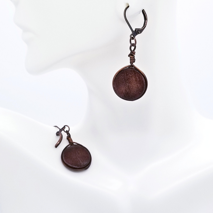 Wood Disc Earrings, Lightweight Earrings, Copper Jewelry - Arkayscreations