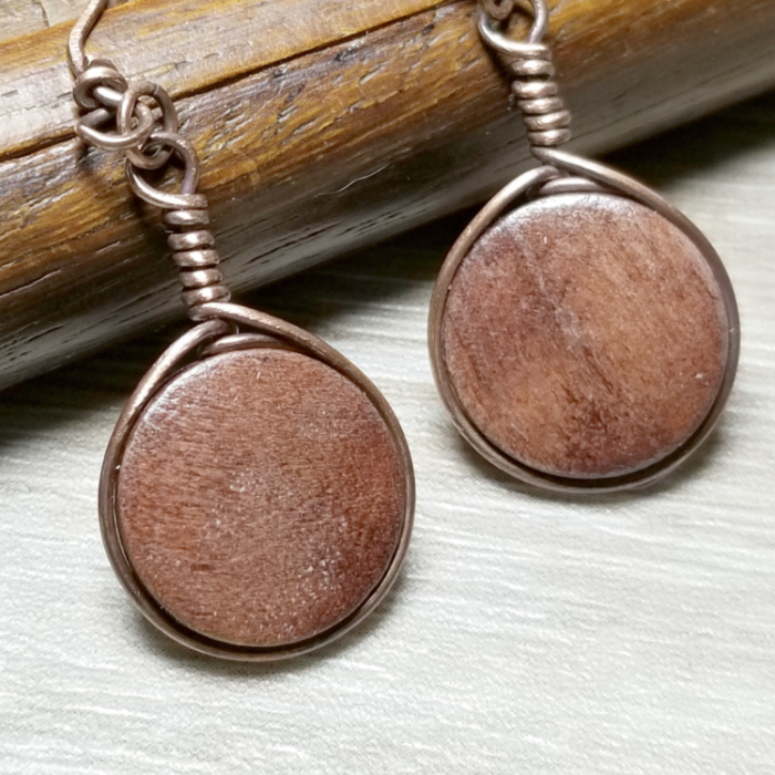 Wood Disc Earrings, Lightweight Earrings, Copper Jewelry - Arkayscreations
