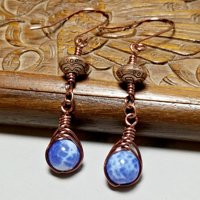 Blue Agate Earrings, Copper Wire Jewelry - Arkayscreations
