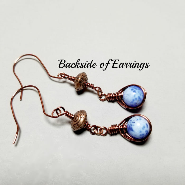 Blue Agate Earrings, Copper Wire Jewelry - Arkayscreations