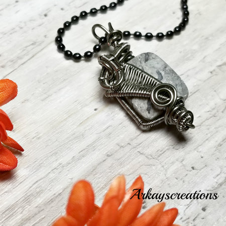 Wire Weave Gray Stone Necklace, Gray Jasper Jewelry - Arkayscreations