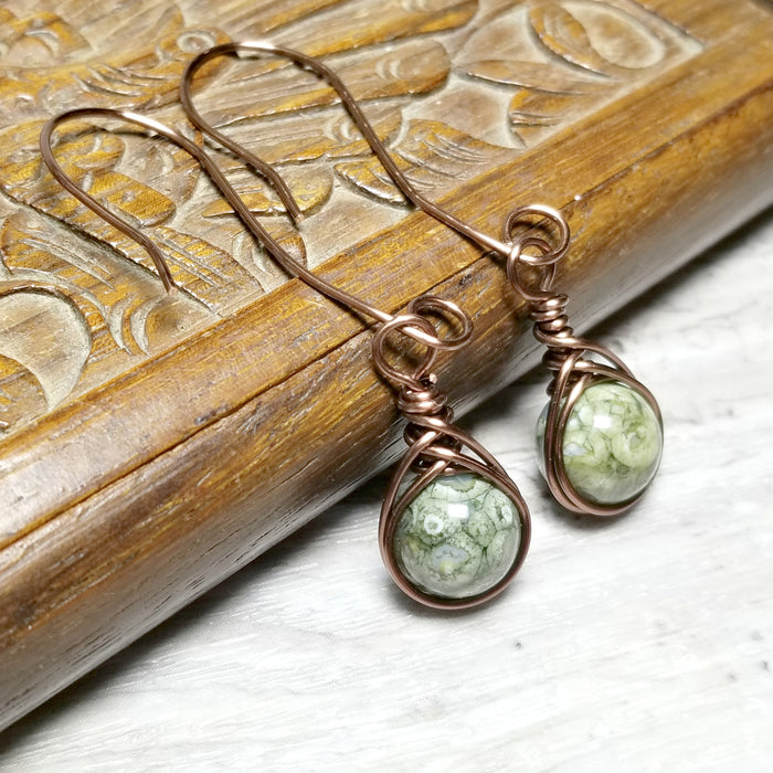 Rhyolite Wire Wrapped Earrings, Herringbone Jewelry - Arkayscreations