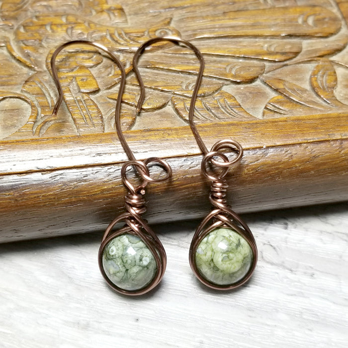 Rhyolite Wire Wrapped Earrings, Herringbone Jewelry - Arkayscreations