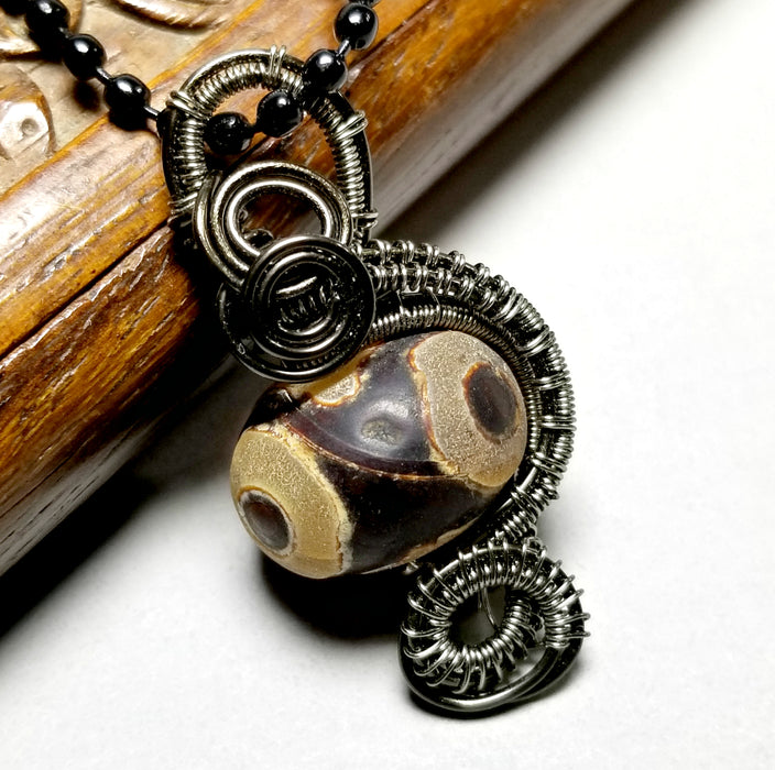 Wire Wrapped Dzi Necklace, Boho Tribal Jewelry - Arkayscreations