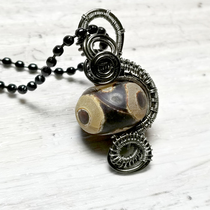 Wire Wrapped Dzi Necklace, Boho Tribal Jewelry - Arkayscreations