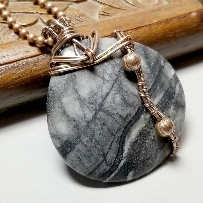 Wire Wrapped Marble Pendant Necklace, Gray Jewelry - Arkayscreations