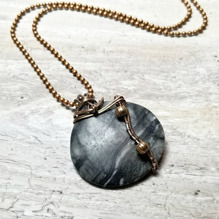 Wire Wrapped Marble Pendant Necklace, Gray Jewelry - Arkayscreations