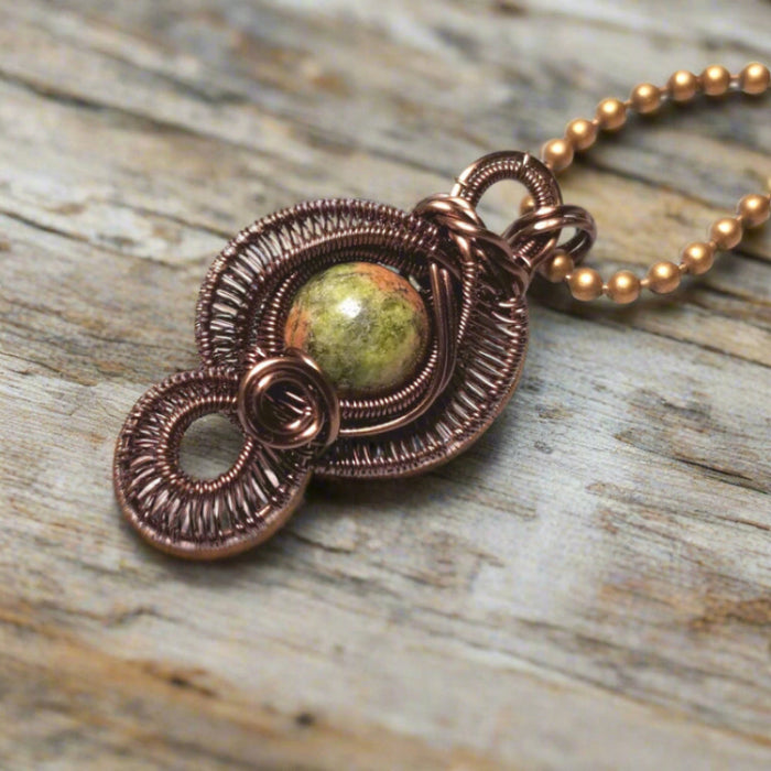 Wire Weave Unakite Stone Necklace ~ Arkayscreations